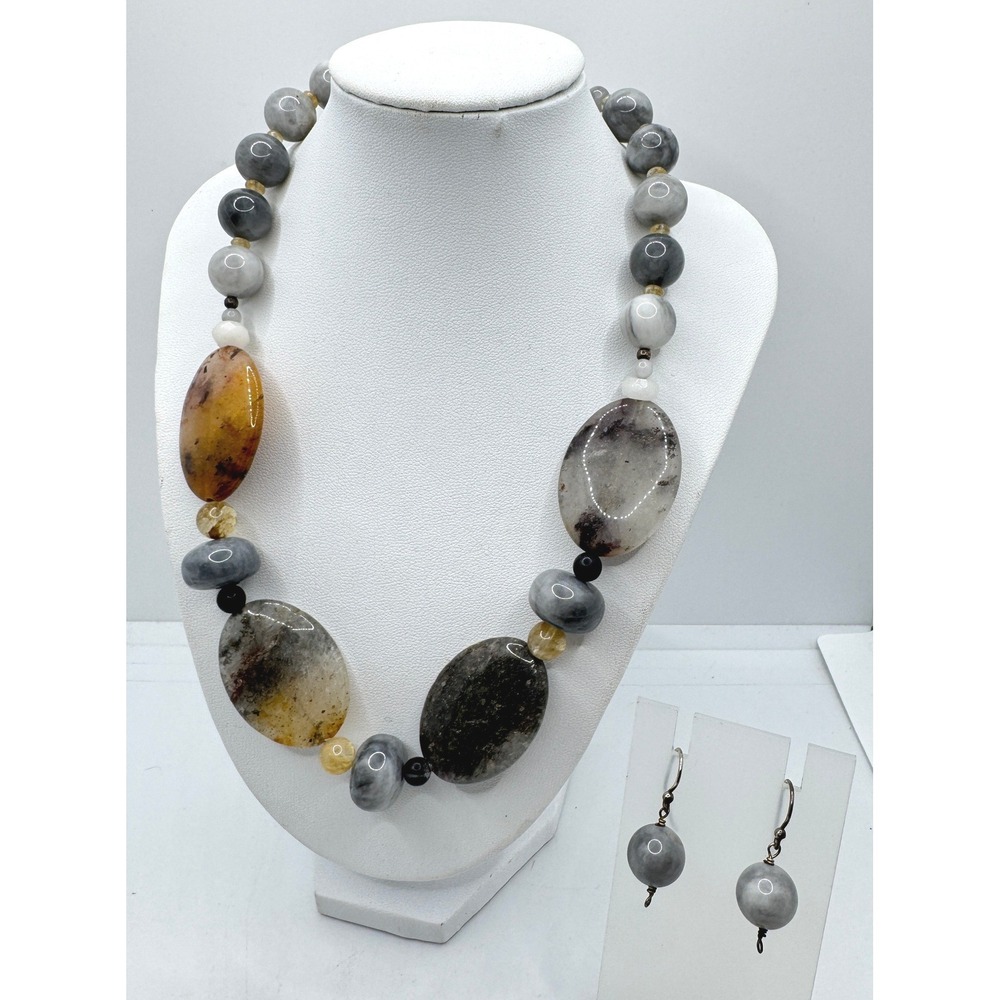 Barse Sterling Silver 925 Natural Stone Agate Beaded Necklace & Earring Set